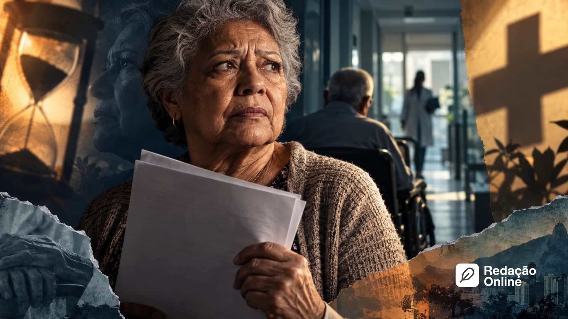 Mulher idosa com documentos de plano de saúde em cena editorial dramática diante de clínica, simbolizando a defesa do consumidor