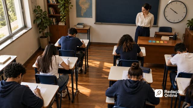 Professora planeja redação do Enem com estudantes em sala de aula