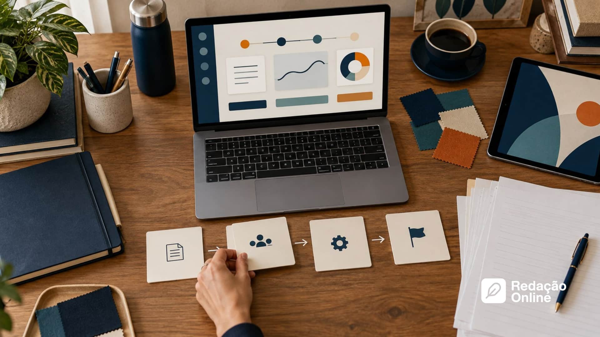 Coordenadora e professora analisam painel de resultados de redação escolar em laptop
