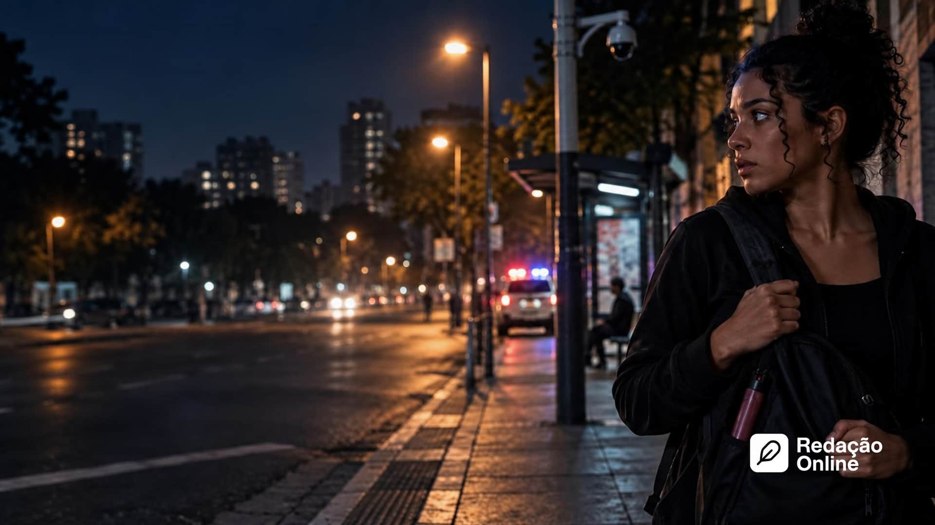 Mulher em rua urbana à noite com elementos de segurança pública, representando autodefesa feminina e responsabilidade do Estado