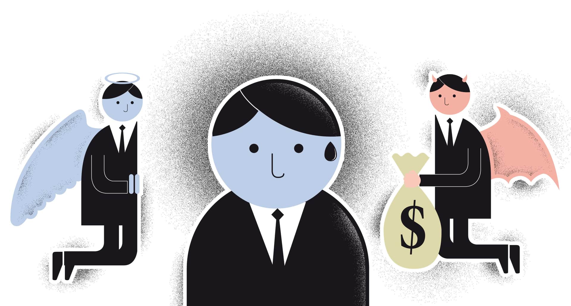 Imagem de anjo e diabo ao lado de homem instigando-o a fazer o certo vs o errado representando assim o brasileiro e a ética