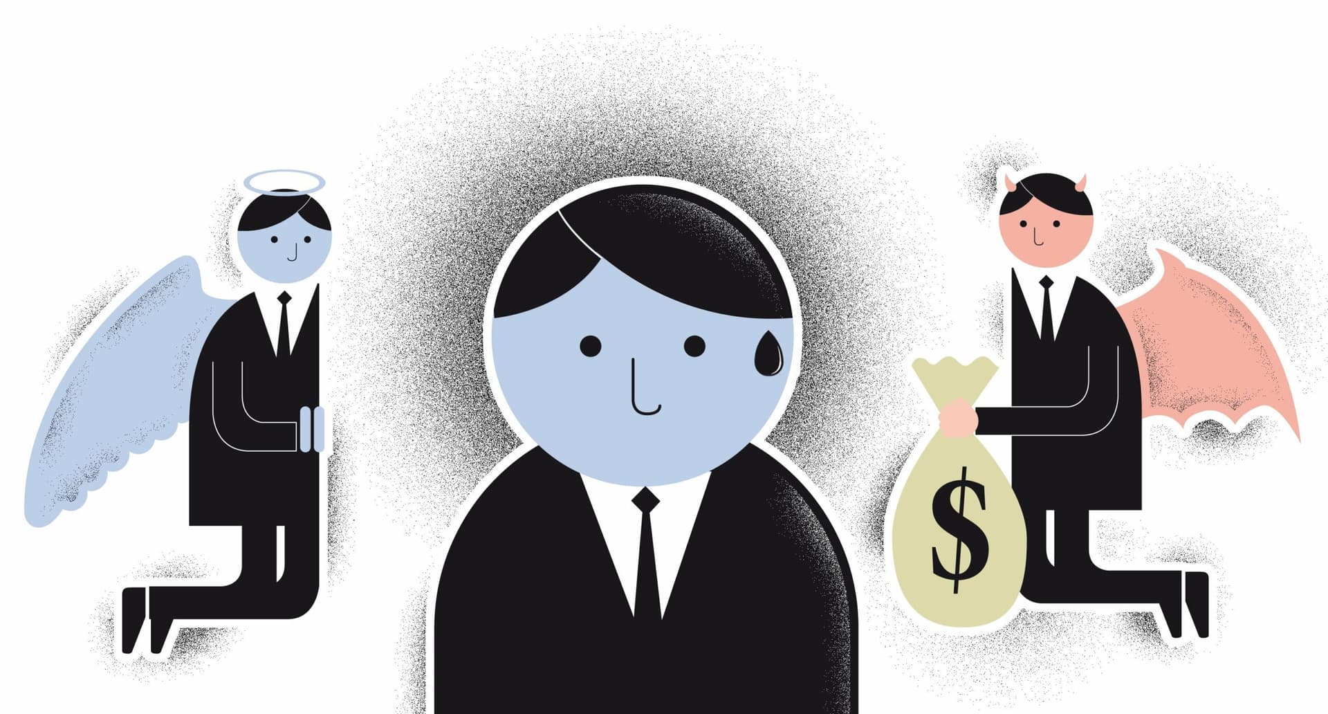 Imagem de anjo e diabo ao lado de homem instigando-o a fazer o certo vs o errado representando assim o brasileiro e a ética