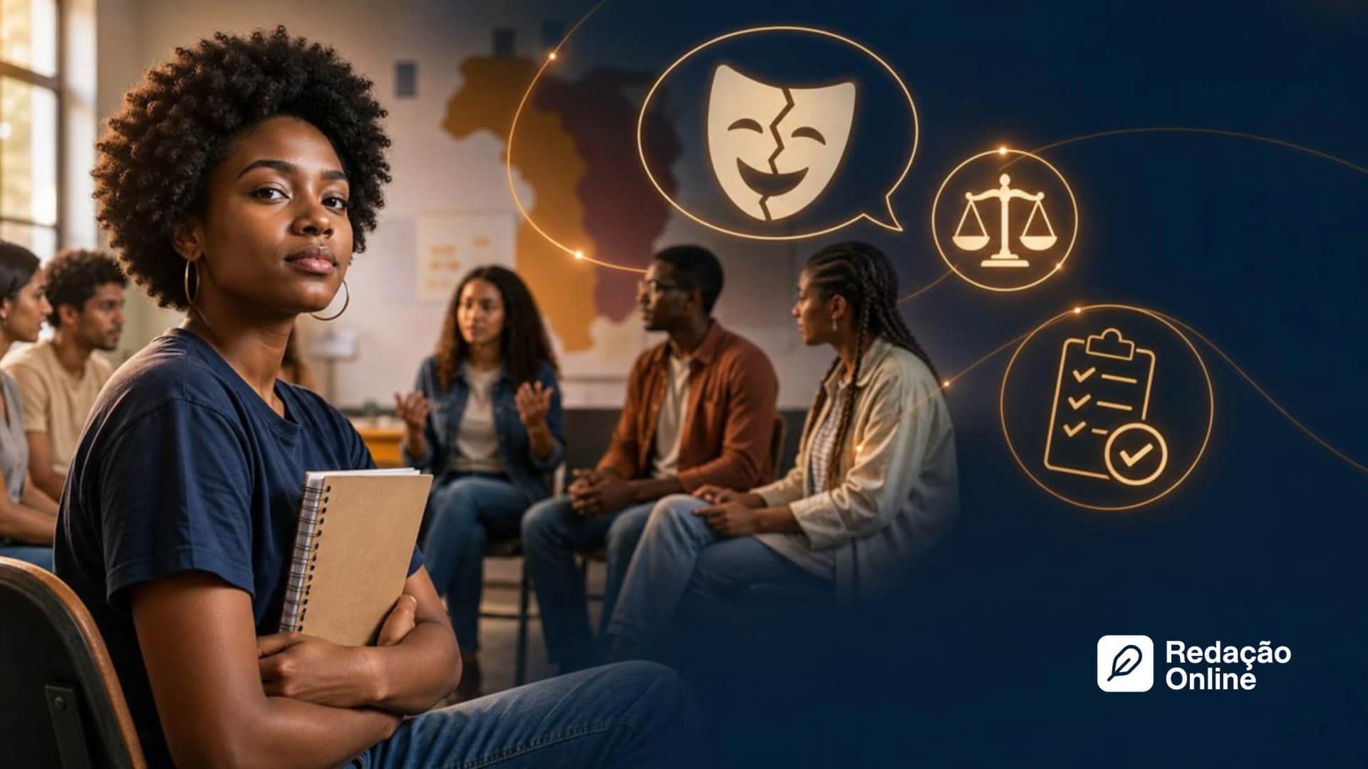 Estudante negra em sala de aula com símbolos de humor, justiça e responsabilização sobre racismo recreativo