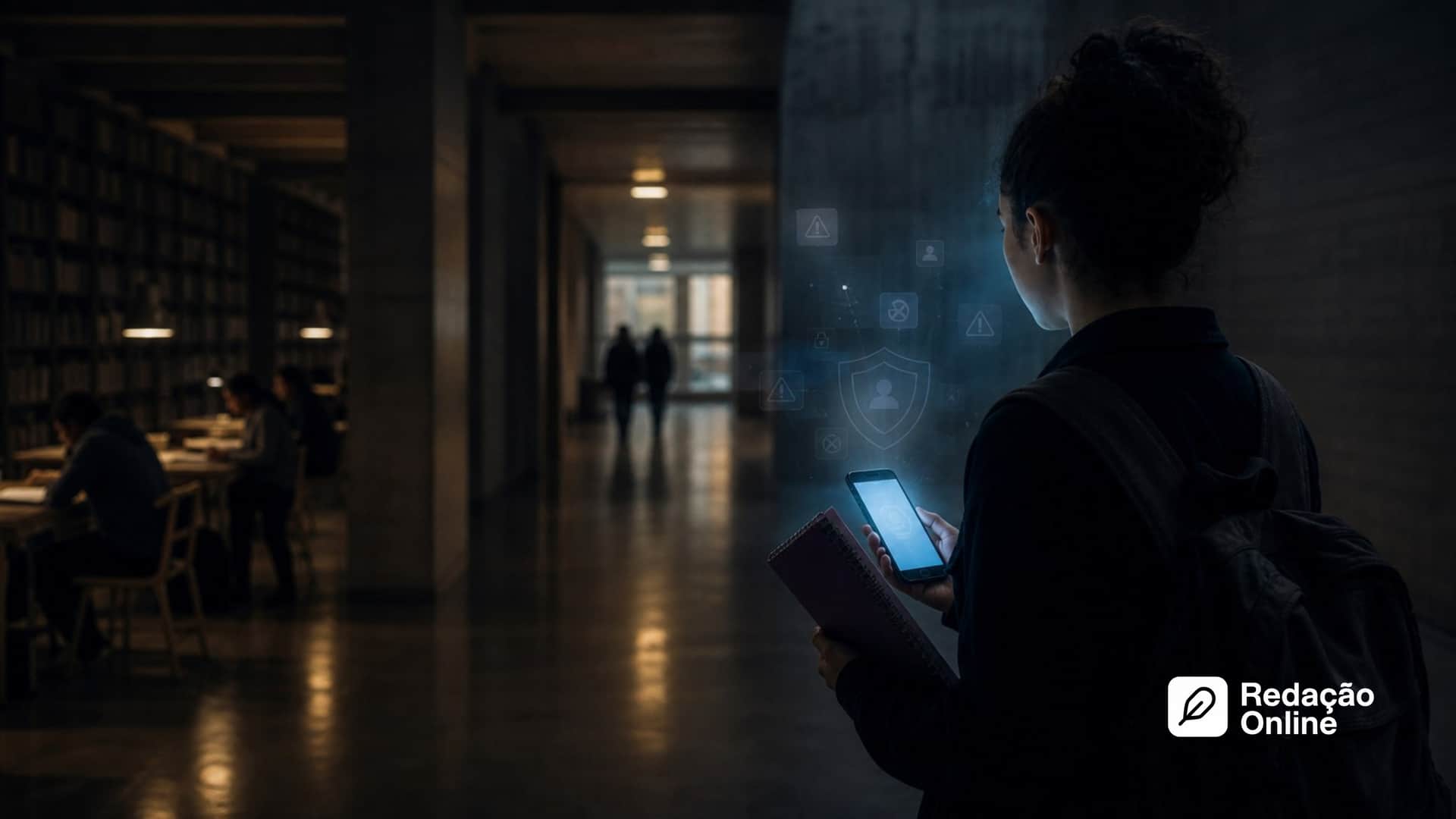 Estudante observa celular em ambiente escolar com sinais digitais de alerta e proteção, representando automutilação e plataformas digitais