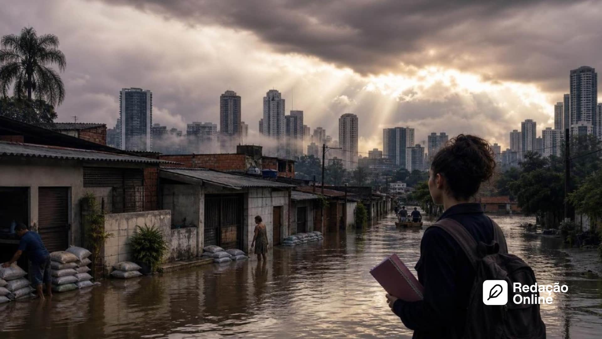 Estudante observa bairro periférico alagado e cidade protegida, representando pobreza e eventos climáticos extremos