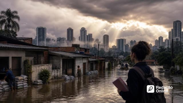 Estudante observa bairro periférico alagado e cidade protegida, representando pobreza e eventos climáticos extremos