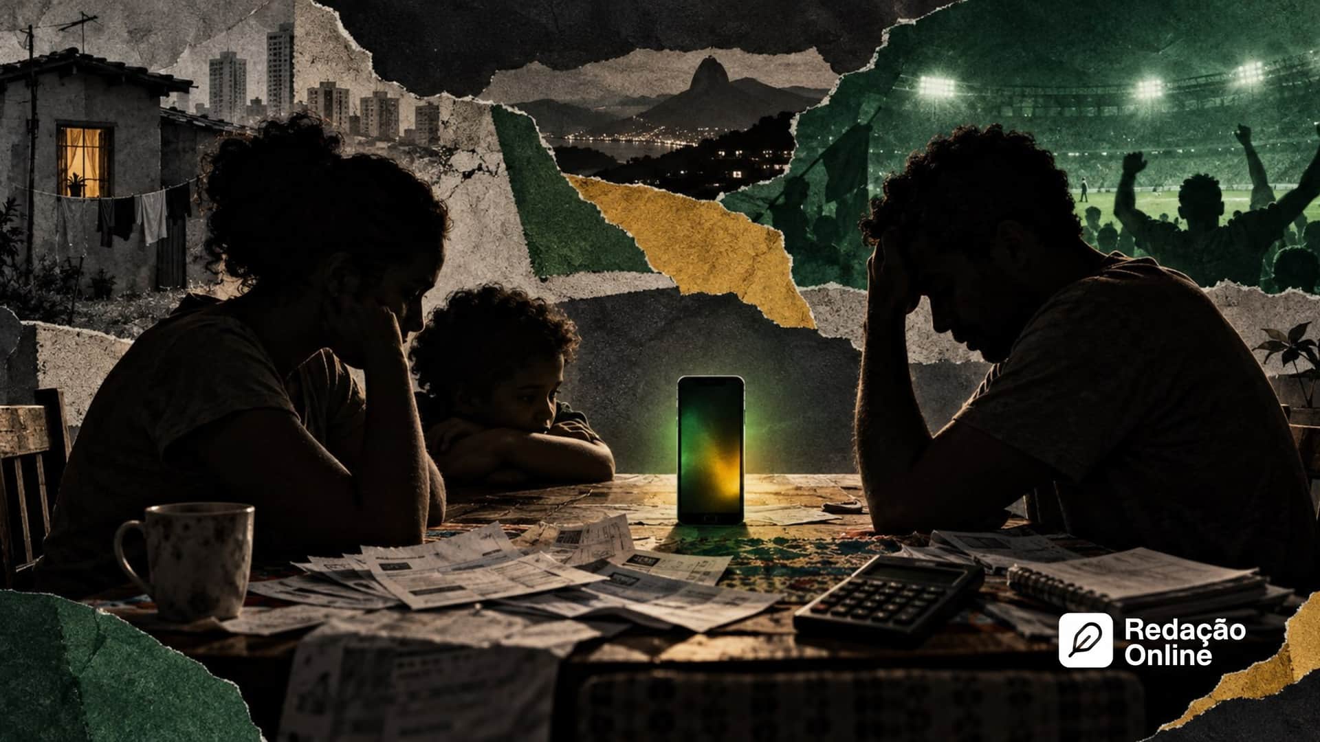 Família brasileira em volta de uma mesa com contas e celular, representando superendividamento ligado a apostas on-line