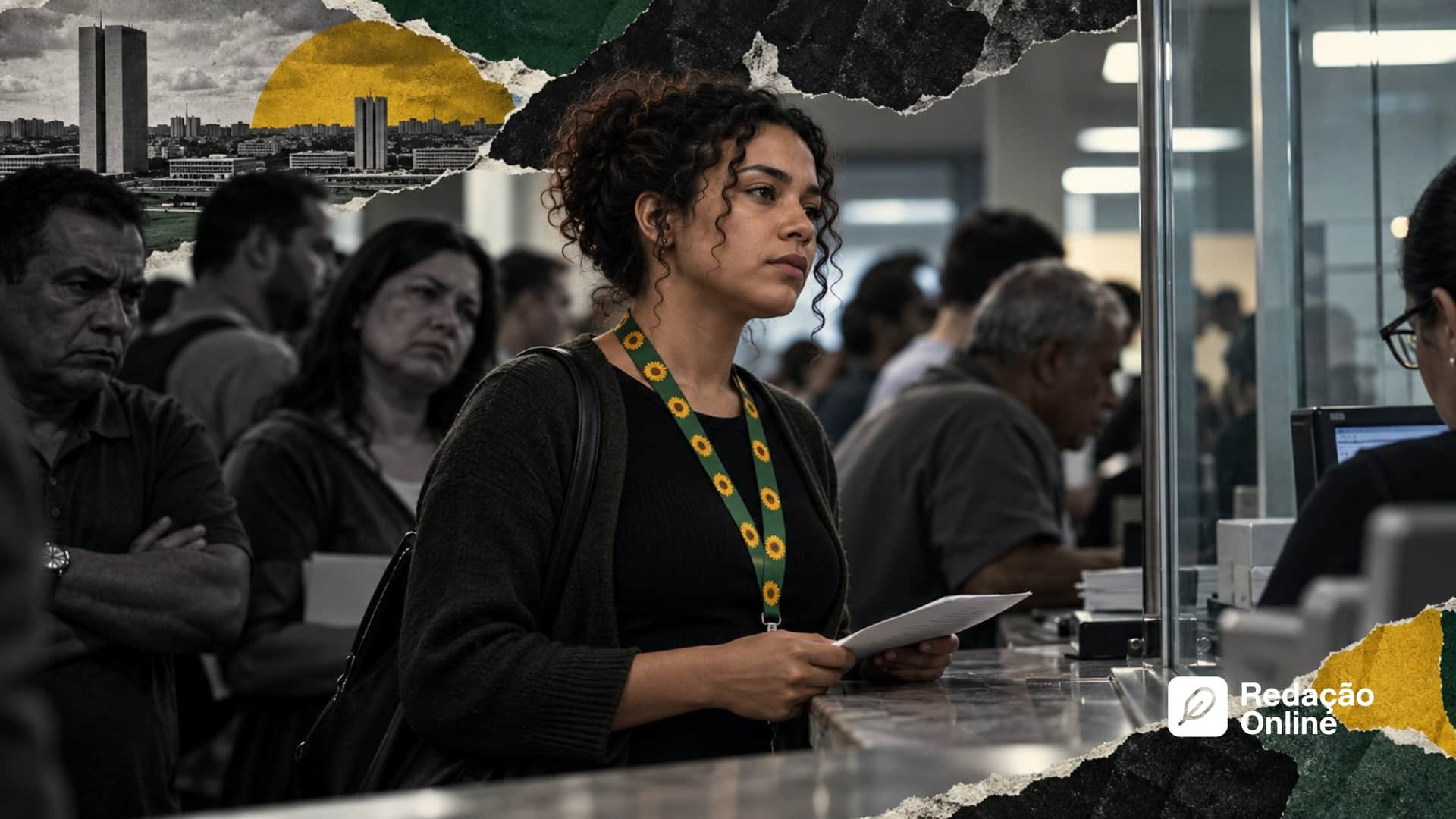 Pessoa com cordão de girassóis em uma fila de atendimento, cercada por outras pessoas em colagem editorial