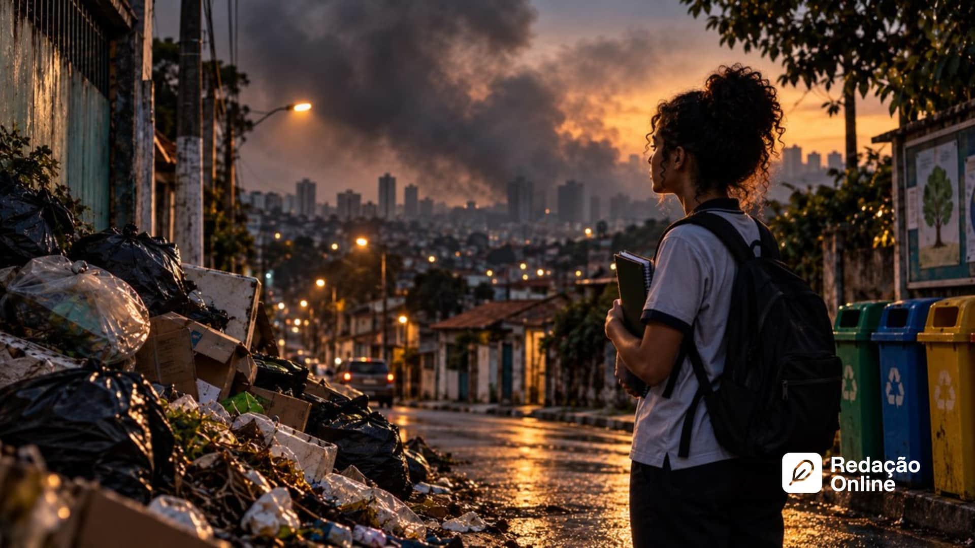 Estudante observa fumaça densa causada por descarte irregular de lixo em rua residencial, representando queima de lixo, saúde pública e educação ambiental